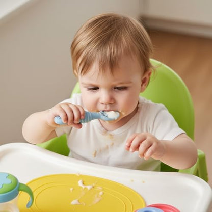 PandaEar soft self feeding toddler utensils showing the shallow spoon design close up