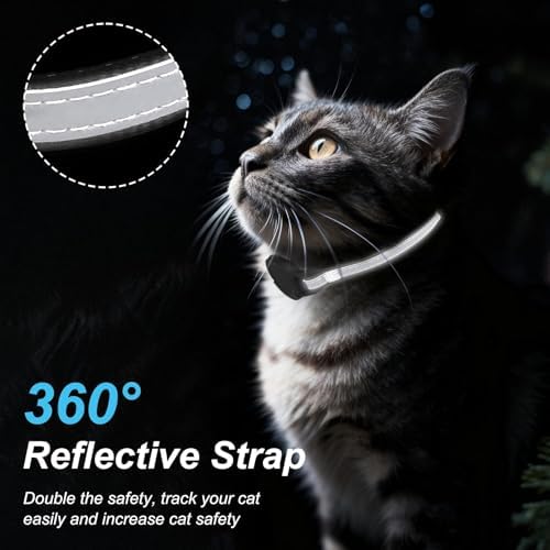 Back angle of the black Vebiso pet finder tag illustrating the secure collar attachment loop for active cats.