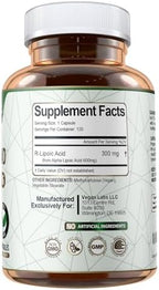 Back label of Vegan Labs R-Alpha Lipoic Acid with supplement facts