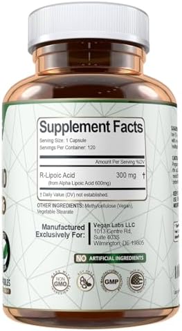 Back label of Vegan Labs R-Alpha Lipoic Acid with supplement facts