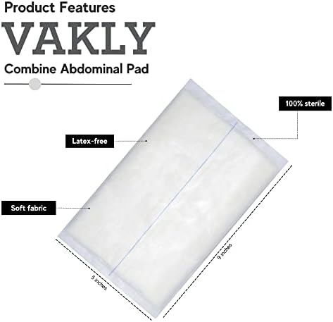 Vakly sterile individually wrapped 5x9 inches abdominal pads showing outer protective pouch