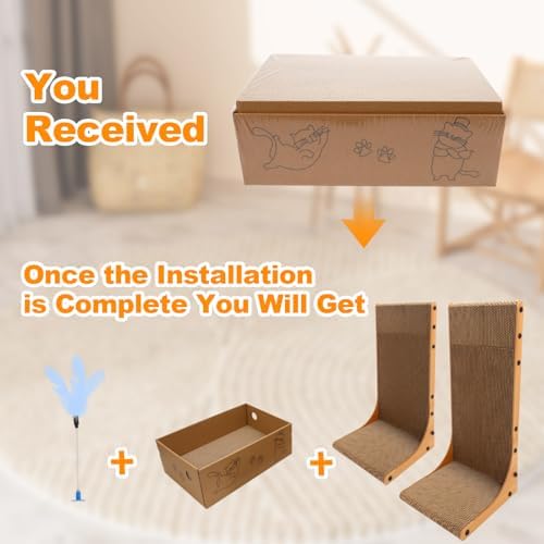 Goosheep cardboard box style cat scratcher close up with an attached interactive feathered toy for indoor pet entertainment.