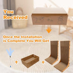 Goosheep cardboard box style cat scratcher close up with an attached interactive feathered toy for indoor pet entertainment.