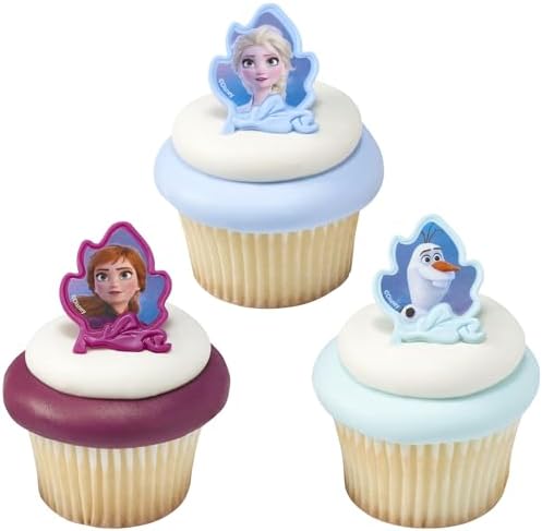 Frozen II cupcake rings displayed on a decorated celebration cake