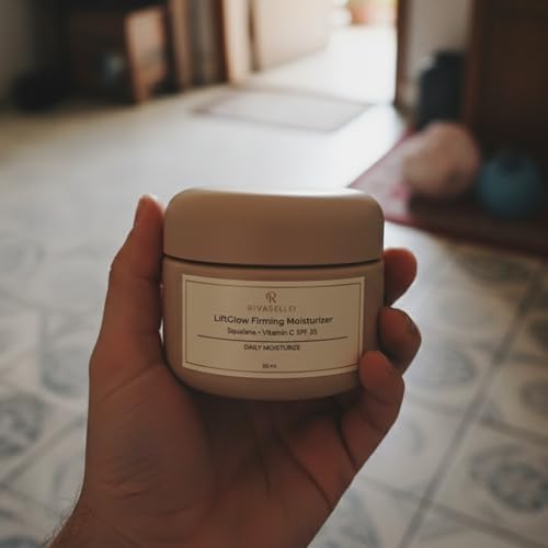 Squalane and Vitamin C radiance face cream texture and container close up view