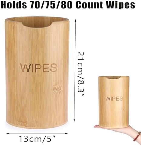 Farmhouse style bamboo holder showing wipe container insertion