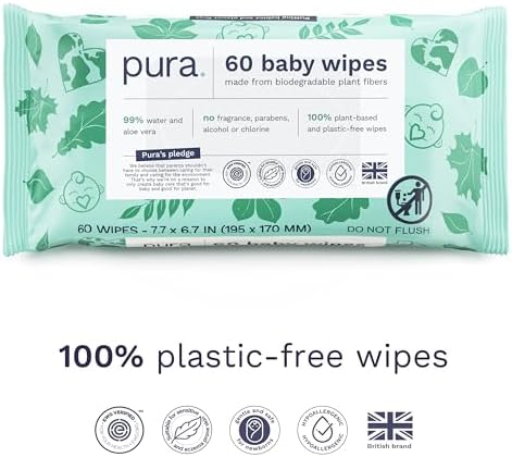 Back label of Pura Natural Sensitive baby wipes highlighting the ninety nine percent water ingredients list and EWG verification logo.