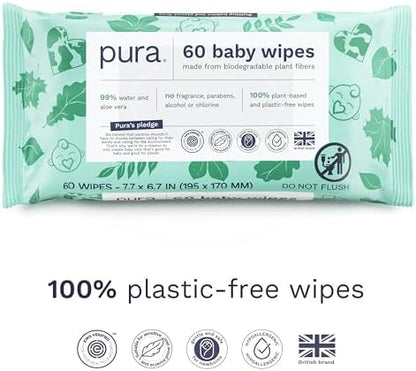 Back label of Pura Natural Sensitive baby wipes highlighting the ninety nine percent water ingredients list and EWG verification logo.