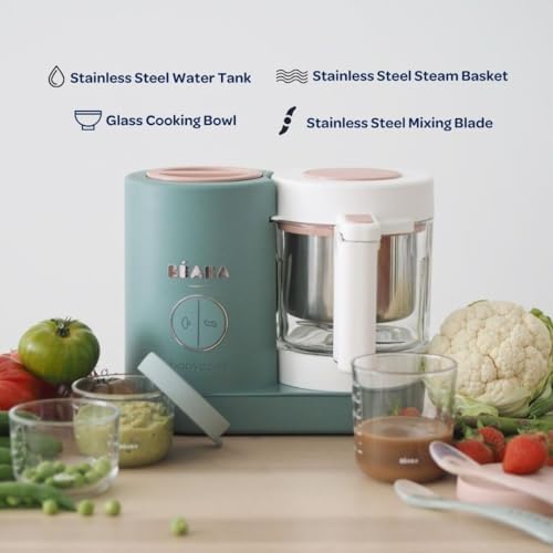 Premium glass baby food processor with raw vegetables prepared for steaming