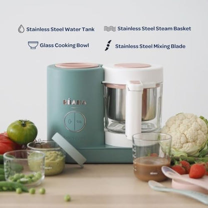 Premium glass baby food processor with raw vegetables prepared for steaming