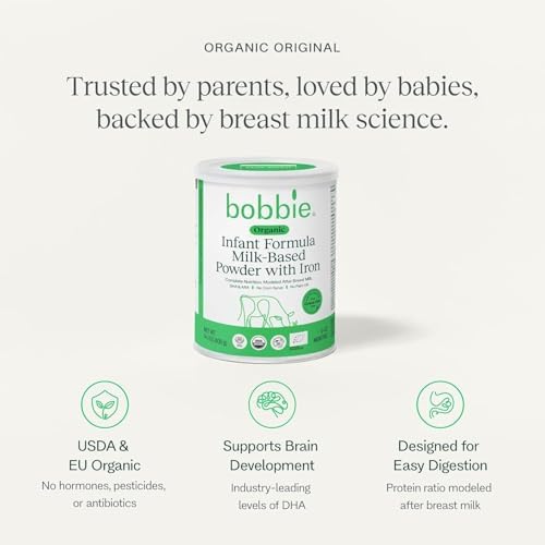 Bobbie milk based powder infant formula nutrition facts label and certified organic seal details