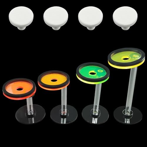 Saricho colorful reef aquarium frag bracket set separated to show four independent neon columns and four round white ceramic foundations