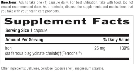 Side view of Country Life Easy Iron bottle highlighting the 25 milligram dosage instructions