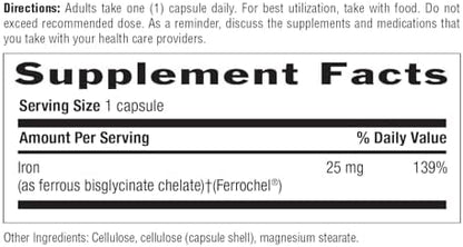 Side view of Country Life Easy Iron bottle highlighting the 25 milligram dosage instructions