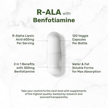 Close-up of the dual-action formula benefits on Deal Supplement R-Alpha Lipoic Acid dietary packaging.
