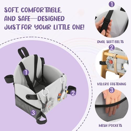 Gray toddler shopping cart cover with sensory toys