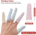 Multicolor fabric finger guards stretching over a thumb for cut protection.