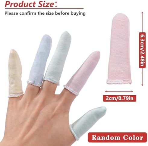 Multicolor fabric finger guards stretching over a thumb for cut protection.