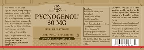 Solgar French maritime pine bark extract 30 Mg capsules supplement facts and dietary information label.