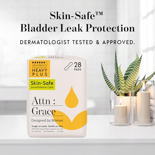 Side angle of Attn: Grace Heavy Plus feminine bladder control pads box emphasizing the high absorbency specifications.
