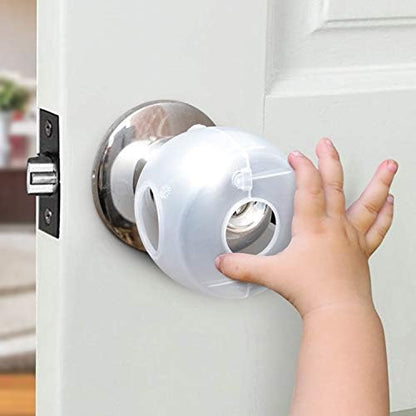 Demonstration of adult hand gripping the baby safety door knob cover