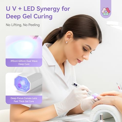 White rechargeable cordless mini nail dryer showing the Type-C USB charging port and dual timer buttons.