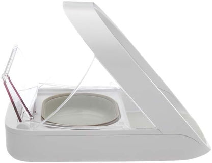 SureFlap SureFeed selective pet feeder with open lid and grey feeding bowl for cats and dogs