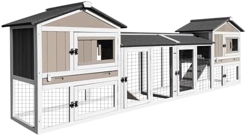 PetsCosset 114" L Rabbit Hutch Indoor and Outdoor 2-Story Rabbit Cage with Pull Out Tray,Fir Wood Guinea Pig Cages with Wooden Ramp,Waterproof Bunny Cage Indoor Bunny Hutch with 2 Asphalt Roofs,Grey - Image 2