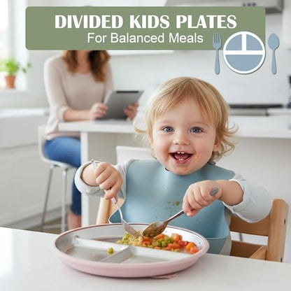 Colorful E-far kids dinnerware set blue green gray pink