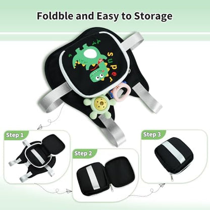 Close up of child-proof safety lock on dinosaur toddler harness