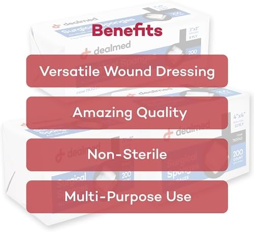 Absorbent surgical gauze sponges by Dealmed used for medical first aid prepping.