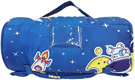 NapCure outer space pattern nap mat laid out on a preschool daycare cot showing full coverage dimensions