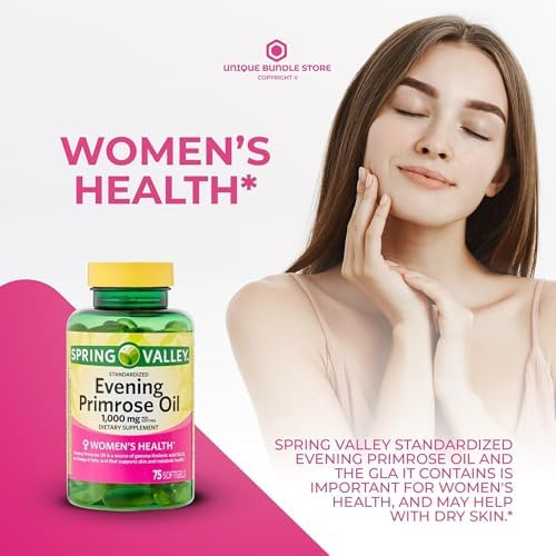 Imported USA evening primrose oil softgels with gamma linolenic acid nutritional label.