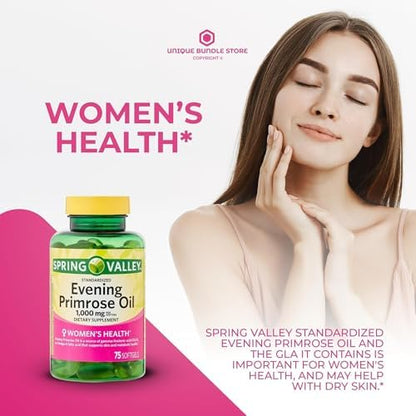 Imported USA evening primrose oil softgels with gamma linolenic acid nutritional label.