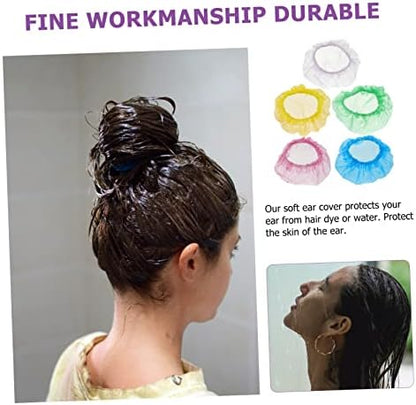 Close up of disposable ear cover on ear model