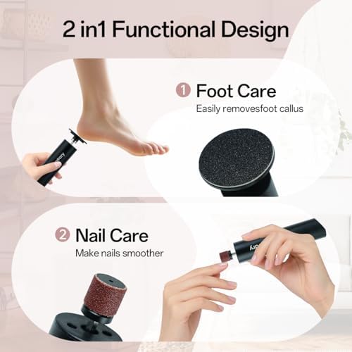 Compact rechargeable foot scrubber with adjustable speed controller for home pedicures.