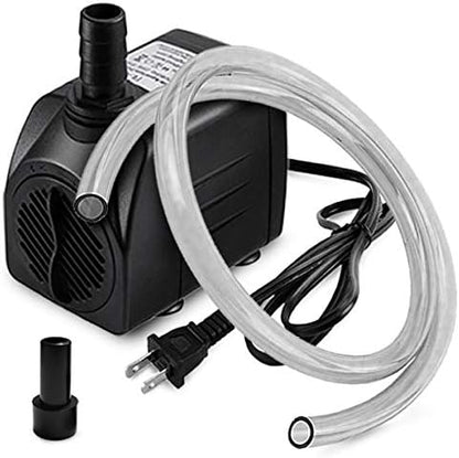 PULACO 10Watt fountain pump displayed with its included 3.3 feet clear silicone tubing and two interchangeable nozzle attachments.