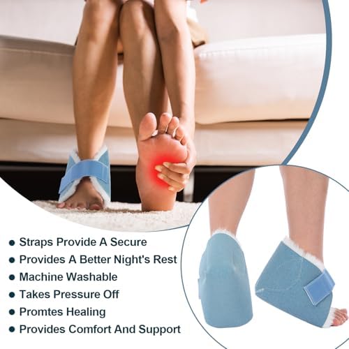 Soft fleece foot pillows for ankle ulcer prevention being secured with straps