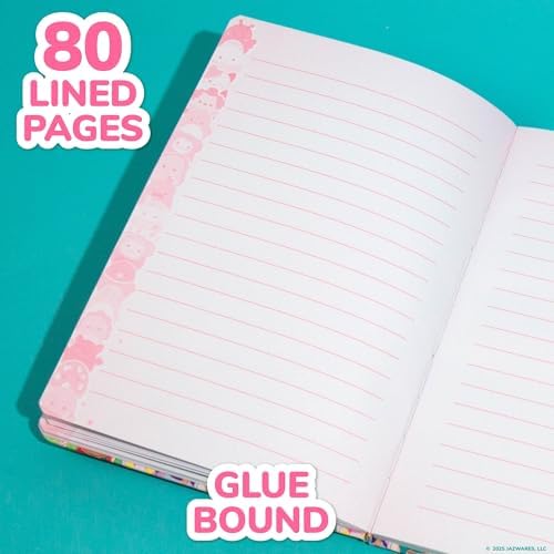 Open view of Squishmallows journal showing 80 lined pages with decorations