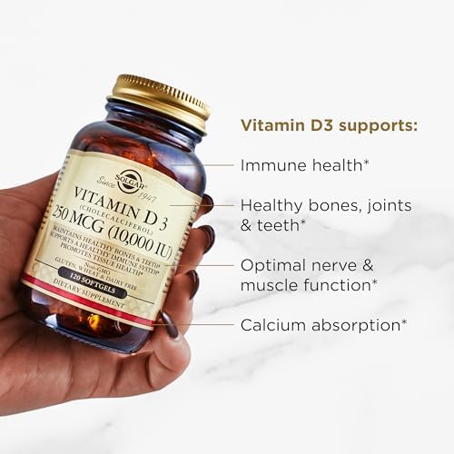 Solgar Vitamin D3 dietary supplement bottle side view and directions