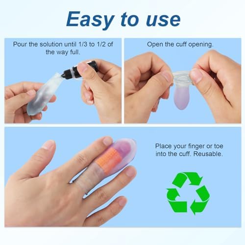 Tinoaly reusable silicone finger cots being used during a manicure and nail soaking session to guard cuticles.