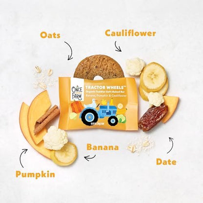 Once Upon A Farm Banana Pumpkin Cauliflower tractor wheel bars five count individual pouches