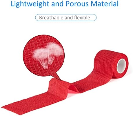 Red cohesive bandage roll demonstrating self-sticking properties without clips.