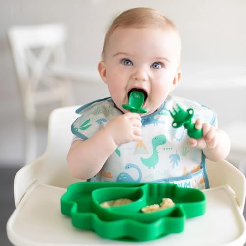 Bumkins washable fabric toddler bib showing the deep crumb catcher pocket open for spill containment