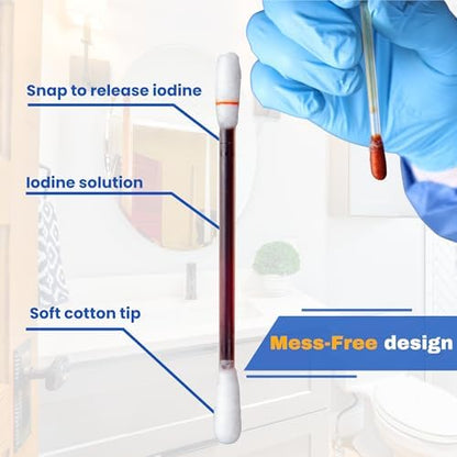 Snap to activate iodine cotton swab for easy antiseptic application.