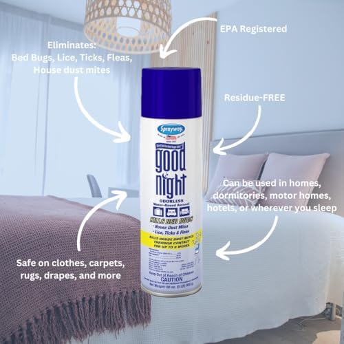 Odorless water-based bedbug and dust mite killer spray details and EPA registration info.