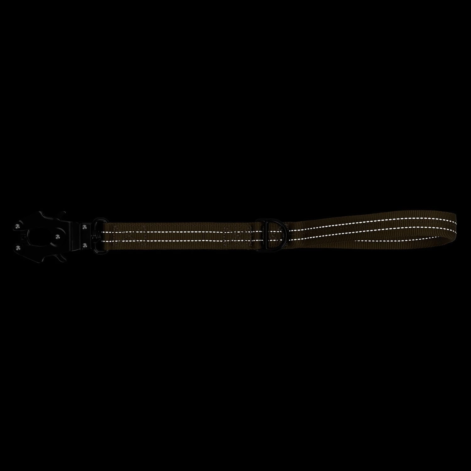 Neoprene padded handle view of the ICEFANG short nylon leash with metal accessory D ring.