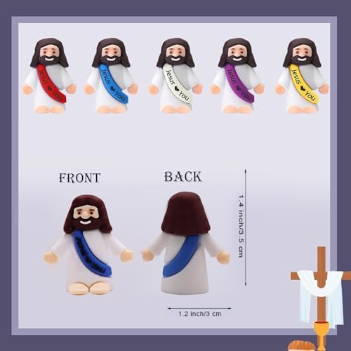 Close-up of multicolor tiny Jesus figurines highlighting the printed inspirational text on the sashes.