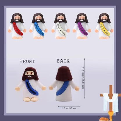 Close-up of multicolor tiny Jesus figurines highlighting the printed inspirational text on the sashes.