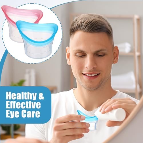 Close up of pink and blue silicone eye bath cups showing ergonomic rims.